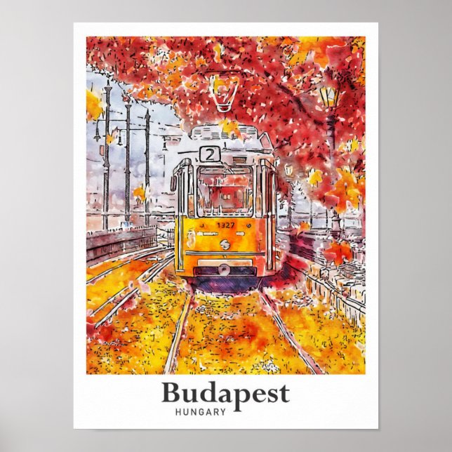 Poster Budapest Hungary Viagem Watercolor Hand Drawn (Frente)