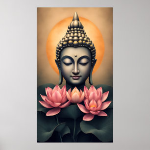 Poster Buddha Face Sobre Flores De Lotus Rosa