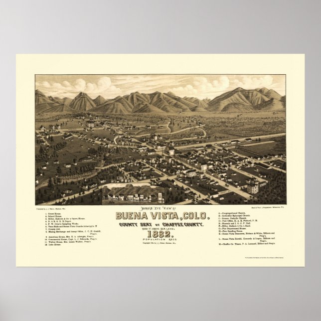 Pôster Buena Vista, CO Panoramic Map - 1882 (Frente)