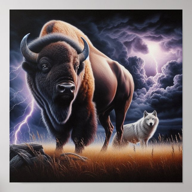 Poster Búfalo e Lobo em uma Tempestade com Relâmpagos (Frente)