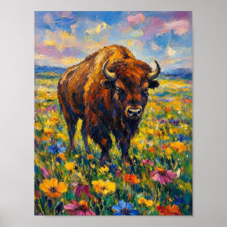Poster Búfalo no campo de flores silvestres pintura de ar