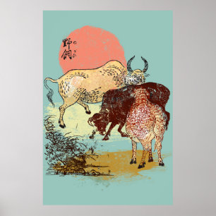 Poster Búfalos de água do boho, ilustração do estilo asiá