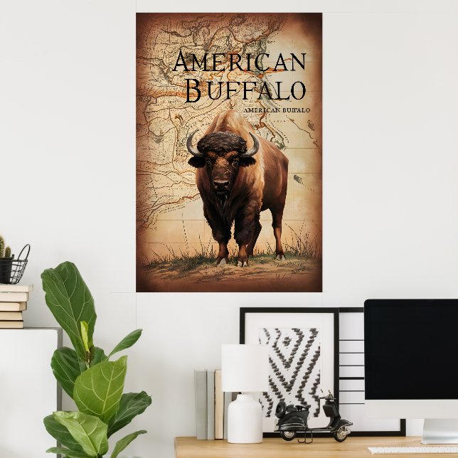 Poster Buffalo Americano Num Mapa (Escritório em casa)