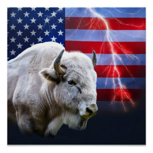 Pôster Buffalo Branco Com Bandeira Americana E Relâmpagos