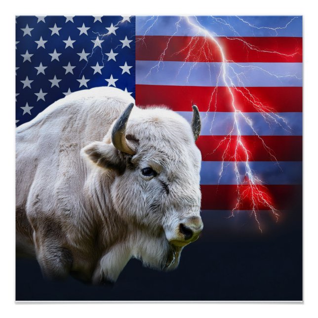Pôster Buffalo Branco Com Bandeira Americana E Relâmpagos (Frente)