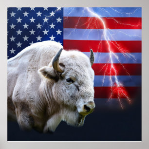 Poster Buffalo Branco Com Bandeira Americana E Relâmpagos