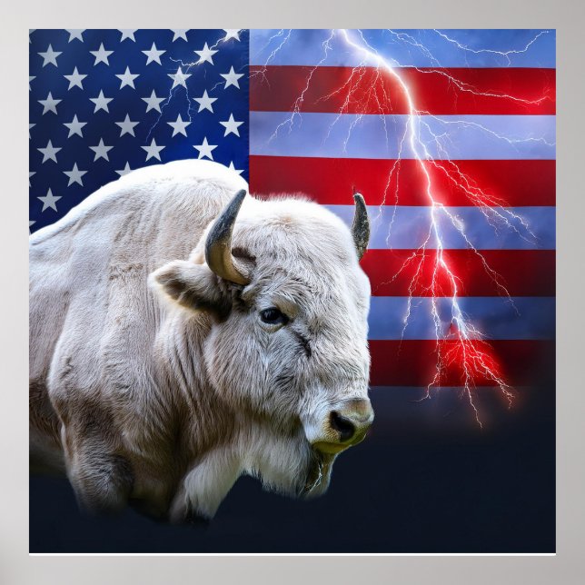 Poster Buffalo Branco Com Bandeira Americana E Relâmpagos (Frente)