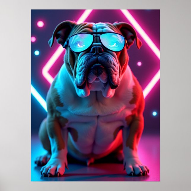 Poster Buldogue com Óculos Futuros - Arte Pop engraçada (Frente)