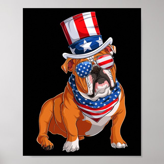 Poster Buldogue Dog 4 de julho Bandeira Americana (Frente)