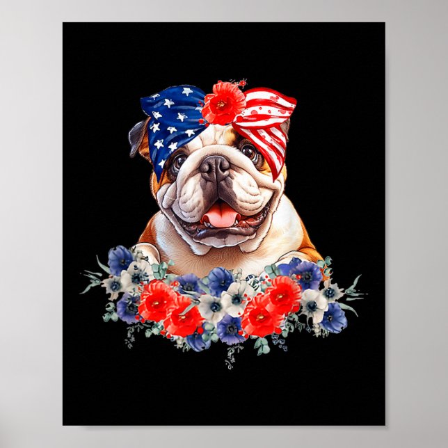Poster Buldogue Dog Bandana American Flag 4 De Julho (Frente)