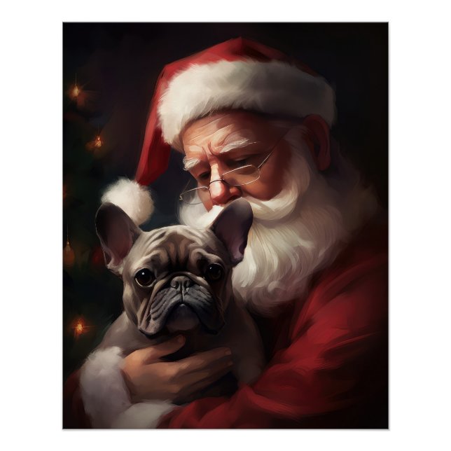 Pôster Buldogue Francês com Papai Noel Natal Festivo (Frente)