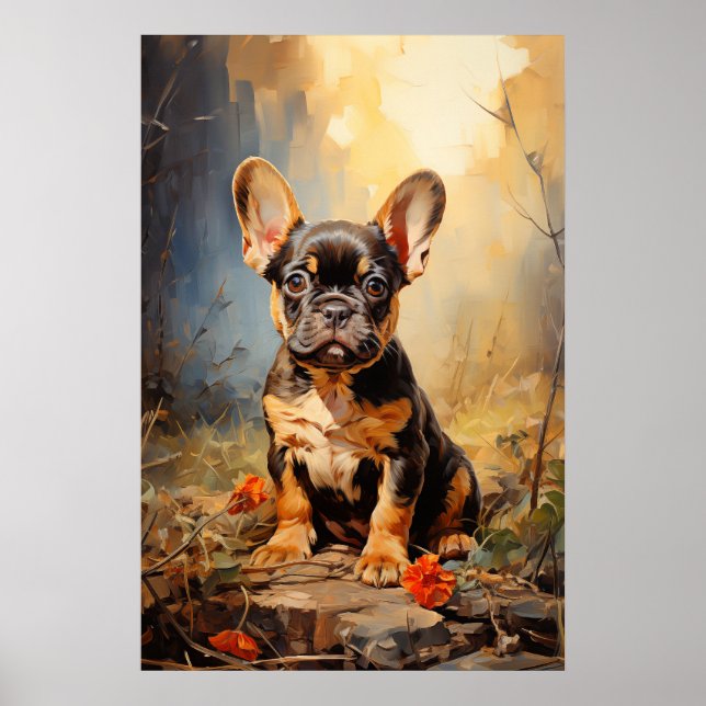 Poster Buldogue francês preto e cachorrinho bronzeado (Frente)