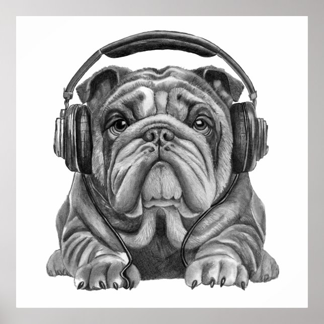 Poster Buldogue inglês bonito com fones de ouvido (Frente)