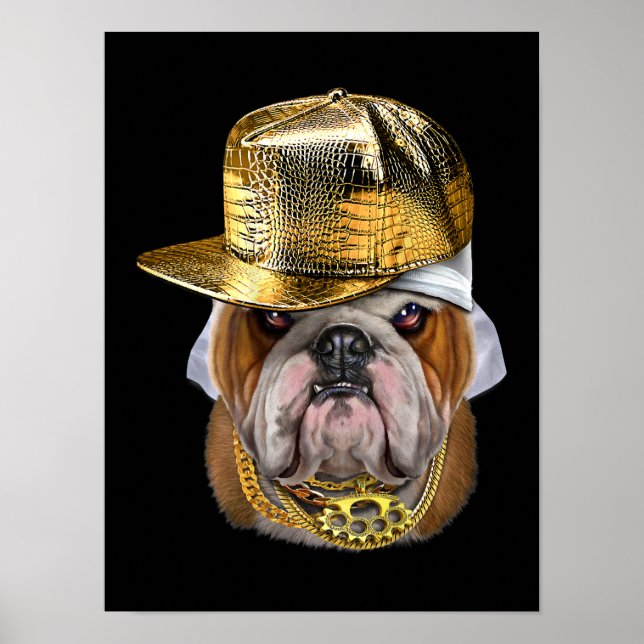 Poster Buldogue Inglês Grumpy vestindo Rapper Hip Hop (Frente)