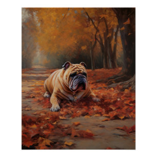 Pôster Buldogue no outono Folhas Caindo Inspire