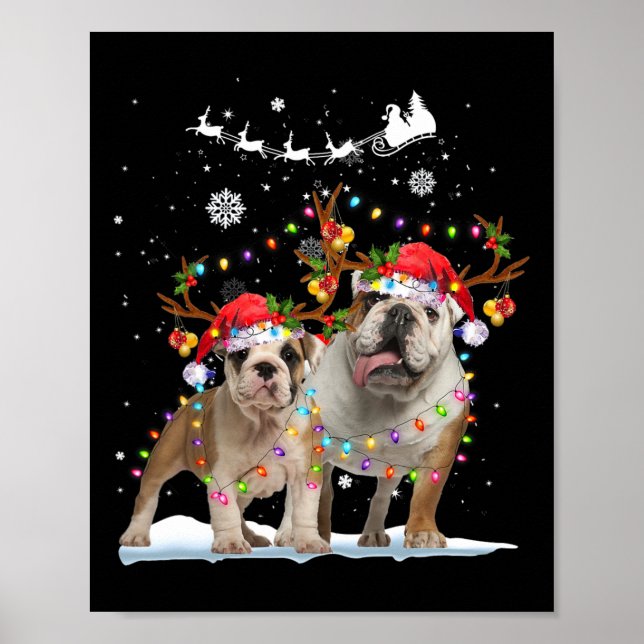 Poster Buldogue Reindeer Santa Hat Xmas Luzes Natal X (Frente)