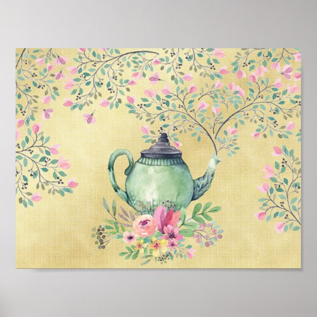 Pôster Bule de Aquarela Elegante e Flores Douradas (Frente)