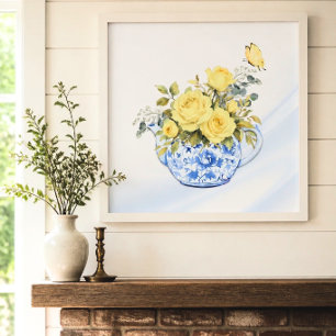 Poster Bule de Chá Amarelo Rosa Azul e Branco