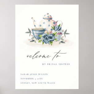 Poster Bule de Chá Floral Azul Água Xícaras Chuveiro de N