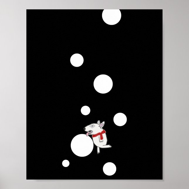 Poster Bull Terrier com uma bola de neve (Frente)