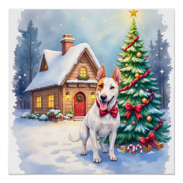 Pôster Bull Terrier Cozy Cottage Christmas Tree Art (Frente)