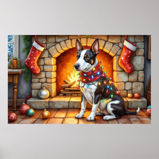 Poster Bull Terrier Lareira com Luzes de Natal (Frente)