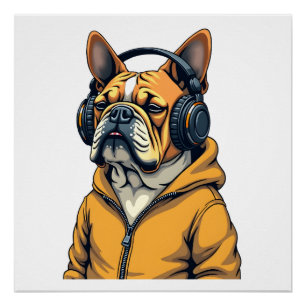 Pôster Bulldog Antigo de Headphones Vestindo Capuz Música