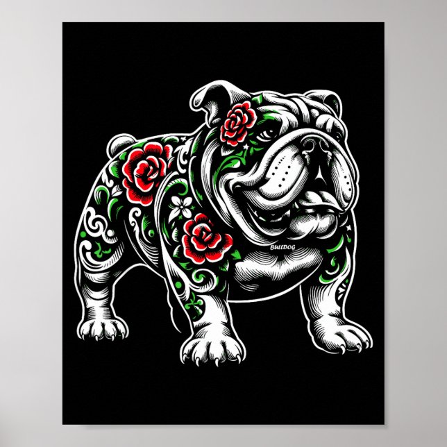 Poster Bulldog Floral Red Rose Mens Womens  (Frente)