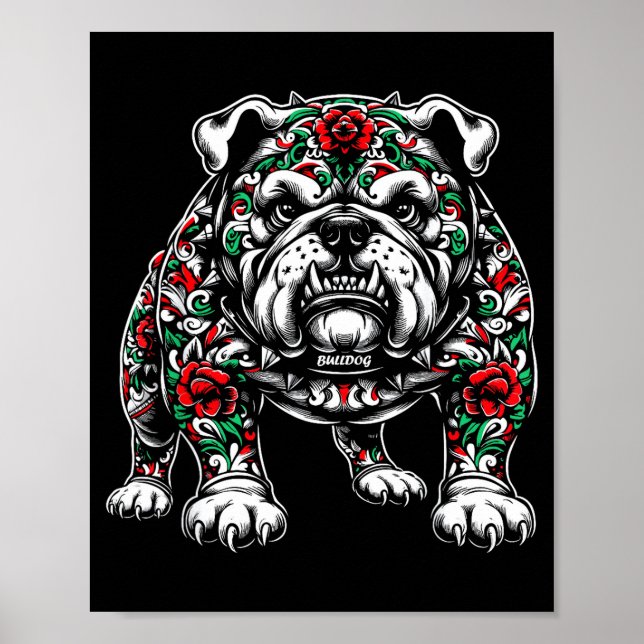 Poster Bulldog Floral Red Rose Mens Womens  (Frente)