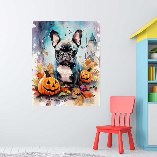 Poster Bulldog Francês Halloween Com Pumpkins Assustado (Berçário 1)
