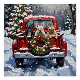 Pôster Bulldog Francês Natal Caminhão Vermelho Férias