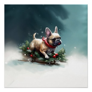 Pôster Bulldog Francês Natal neve inverno