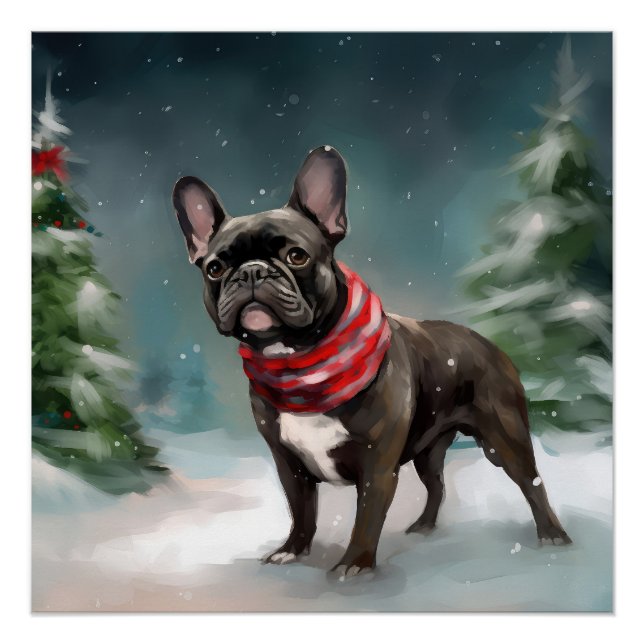 Pôster Bulldog Francês no Natal com Neve (Frente)