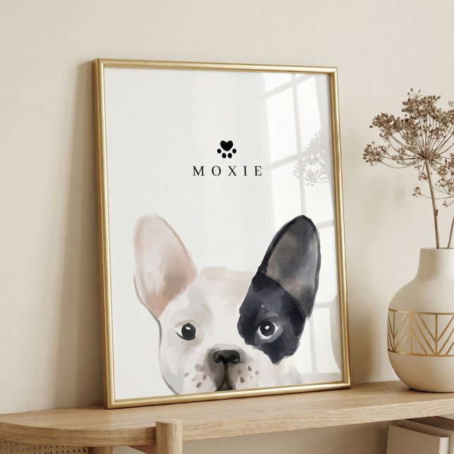 Poster Bulldog francês Watercolor Illustration Dog's Name (French Bulldog Watercolor Personalized Dog Name Poster)