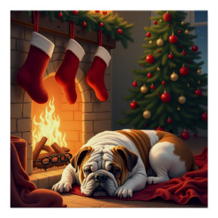Pôster Bulldog junto à Lareira Pintura de Natal
