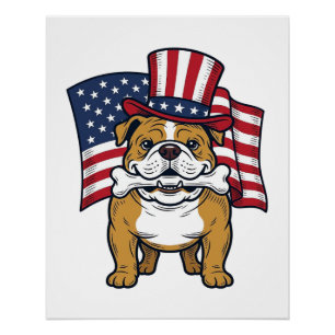 Pôster Bulldog Patriótico Com Desenho Vetorial de Bandeir