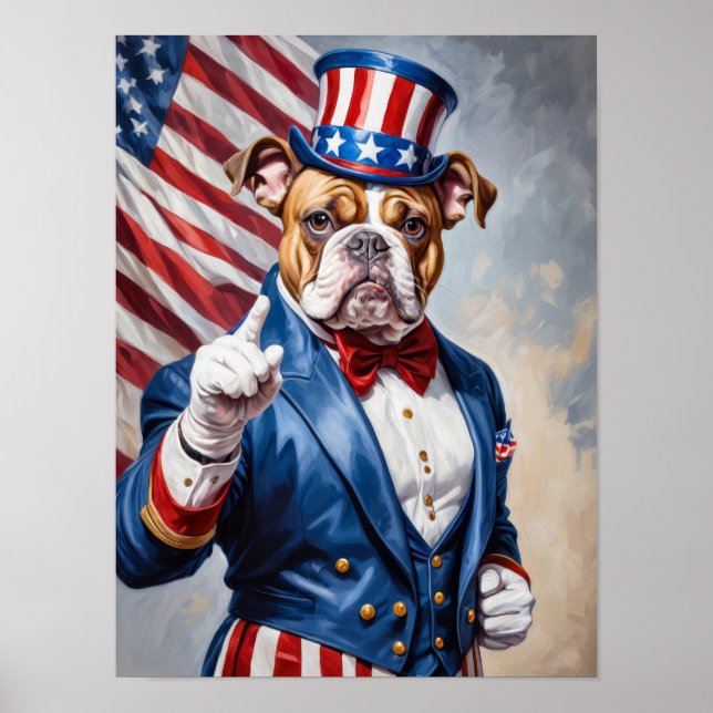 Poster Bulldog Patriótico na pose do Tio Sam (Frente)
