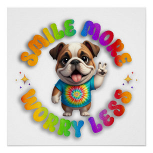 Pôster Bulldog Puppy Positive Tie Dye Hippie Divertido Co