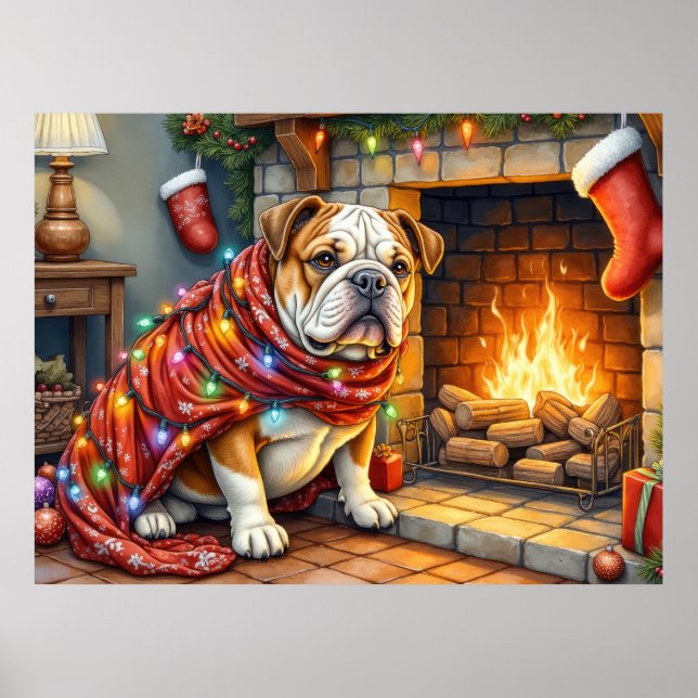 Poster Bulldog Sitting by Fireplace with Christmas Lights (Frente)