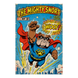 Pôster Bulldog Superhero Flying with Cape