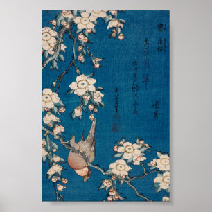 Pôster Bullfinch em um ramo Weeping da cereja por Hokusai
