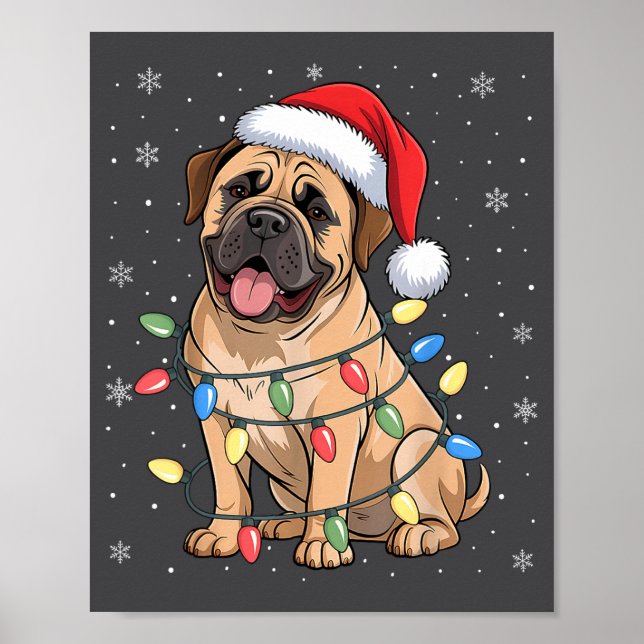Poster Bullmastiff Dog Christmas Tree Lights Dogs Xmas Pa (Frente)