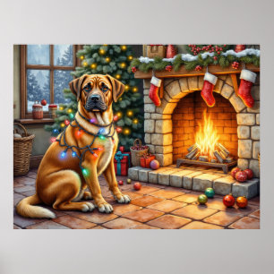 Poster Bullmastiff Lareira com Luzes de Natal