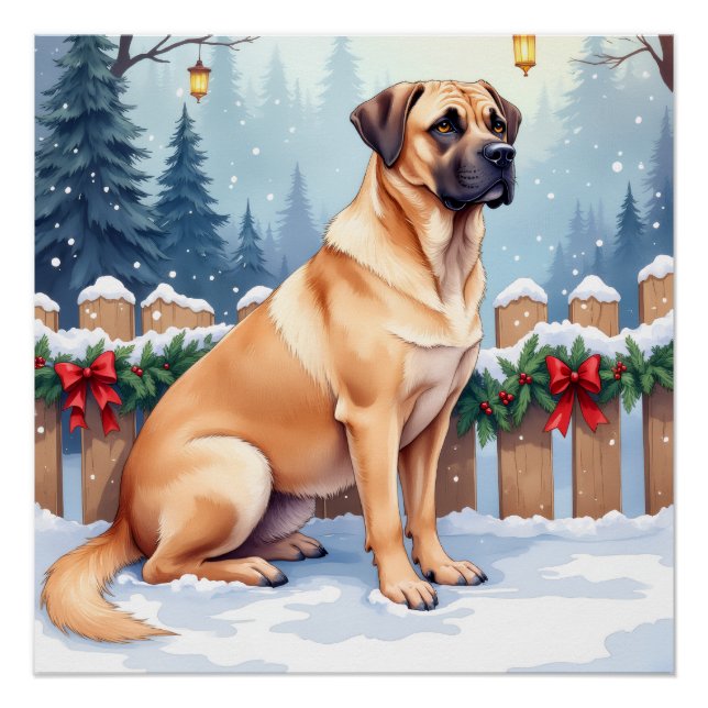 Pôster Bullmastiff Winter Forest Holly Christmas Art (Frente)