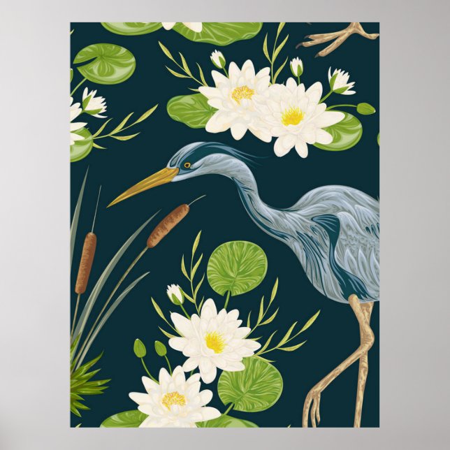Poster Bulrush Lily Flowers Bird Heron Paisagem Floral (Frente)