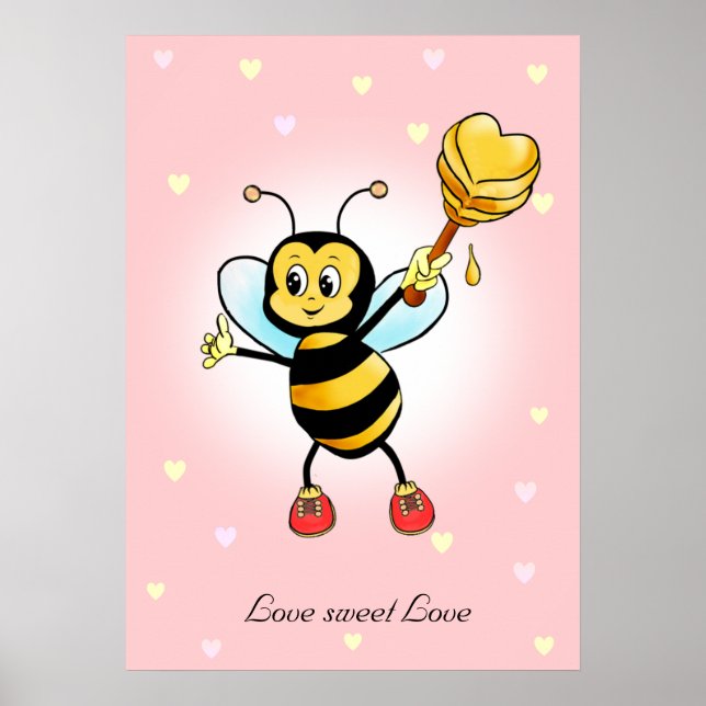 Poster Bumble Abelha Feliz & Favo de Mel em Rosa (Frente)