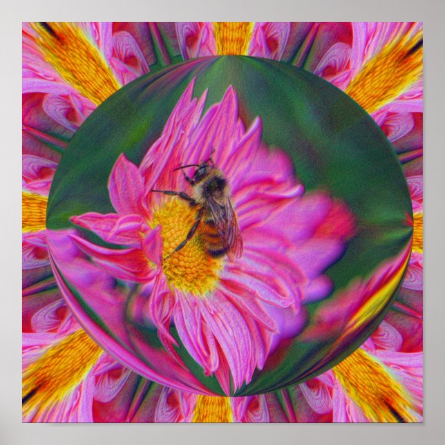 Poster Bumble Bee Pink Daisy Abstrato Nature Art (Frente)