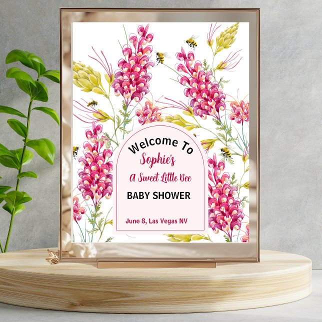 Poster Bumble Bee Pink Florals Baby Shower Welcome Sign (Criador carregado)