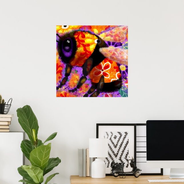 Poster Bumble Bumble Floral Vermelho Amarelo Roxo (Escritório em casa)