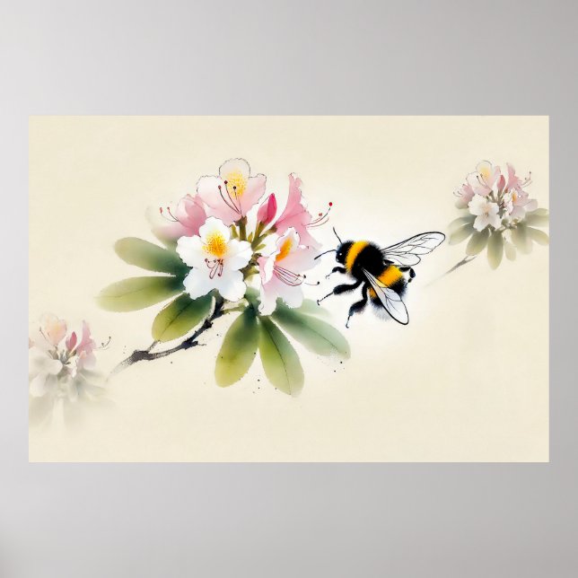 Poster Bumblebee de tinta chinesa em Rhododendron (Frente)